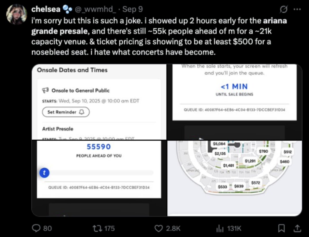 Fan frustration tweet about Ariana Grande ticket queue