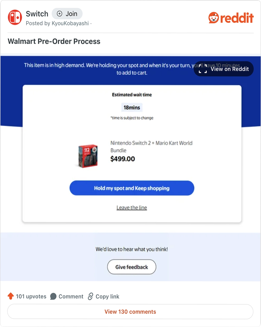 Reddit post about Walmart queue issue