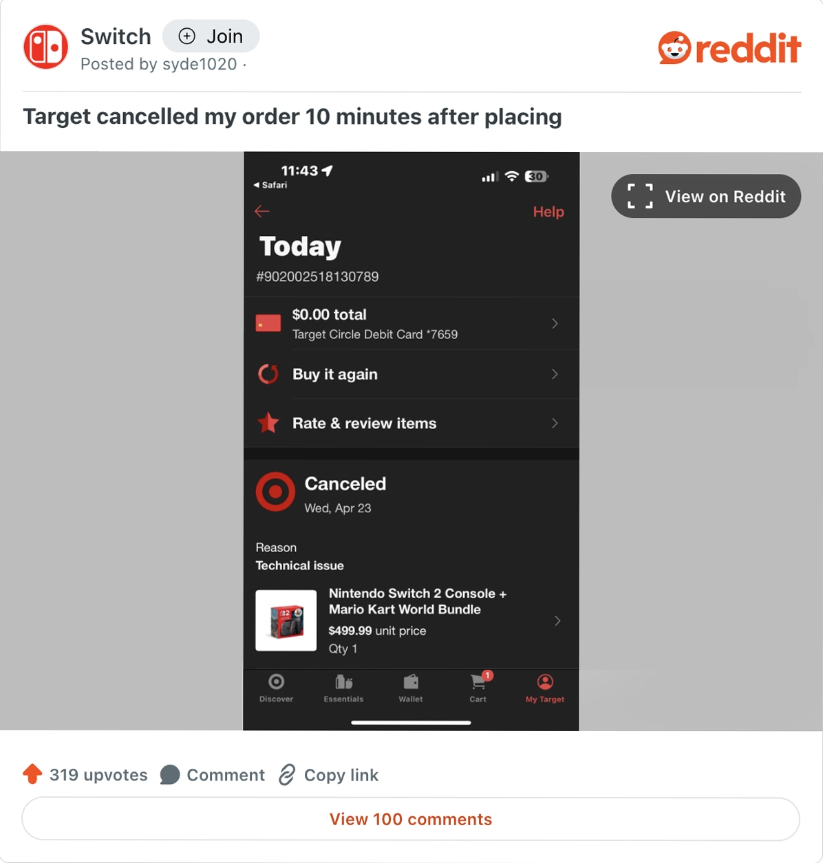 Reddit post about Target cart errors and cancellations